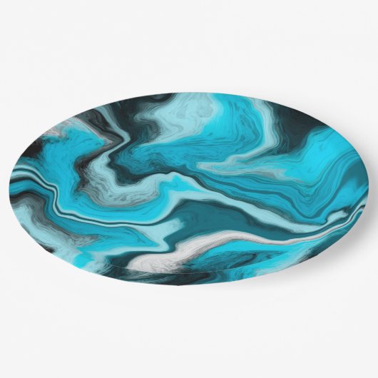 Blauwe, zwarte en witte marmer papieren bordje (Gekanteld)