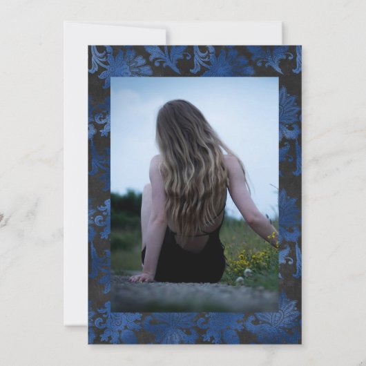 Blauwe, zwarte en zilveren Florale viering van het Kaart (Achterkant)