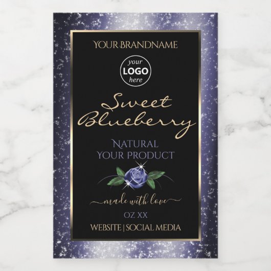 Blauwe zwarte etiketten voor mousserende glitter-L (Enkel label)