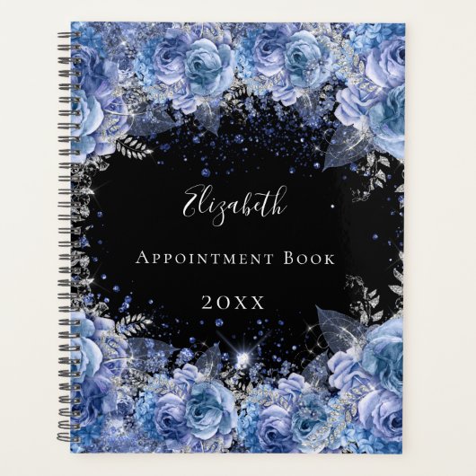 Blauwe zwarte florale glitter stofnaam 2022 planner (Voorkant)