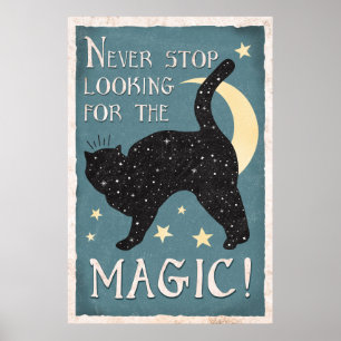 Blauwe  zwarte kat Magische Stars Moon Poster