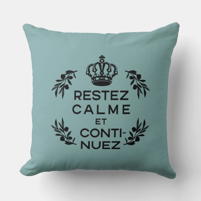 blauwe zwarte krest Franse Keep Calm and Carry Kussen (Voorkant)