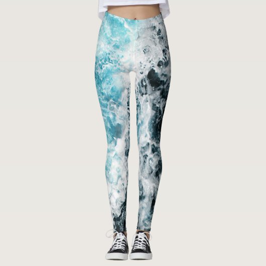 Blauwe zwarte oceaangolven Hawaii Leggings (Voorkant)