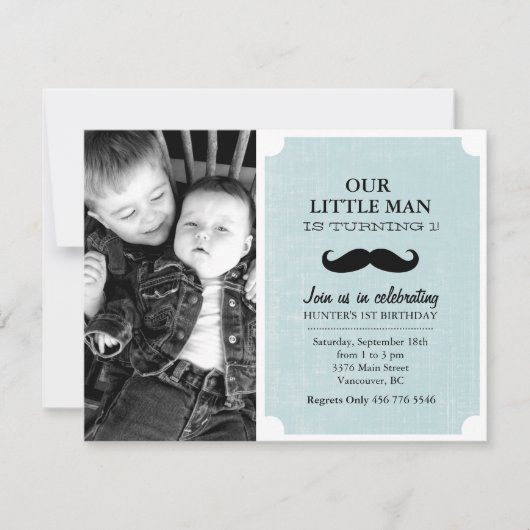 Blauwe & zwarte snor foto eerste verjaardag uitnod kaart (Voorkant)