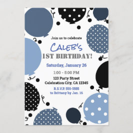 Blauwe & Zwarte Stippen Ballonnen 1e Verjaardagsfe Kaart