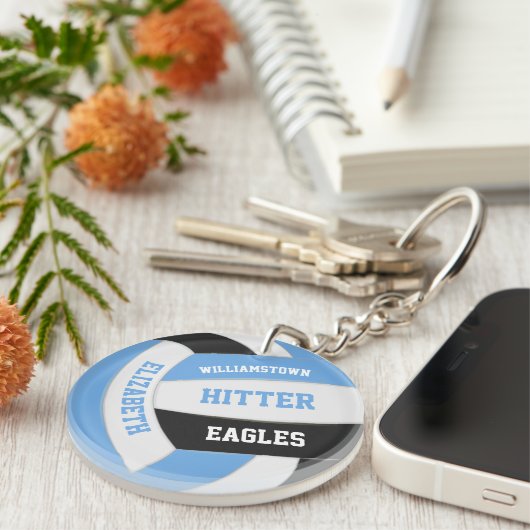 blauwe zwarte teamkleuren gepersonaliseerd volleyb sleutelhanger (Voorkant Rechts)