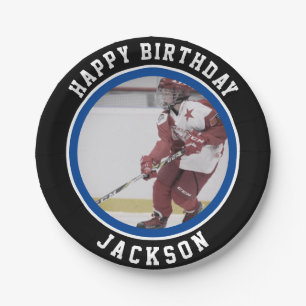 Blauwe zwarte teamkleuren Ice Hockey Birthday Pa Papieren Bordje