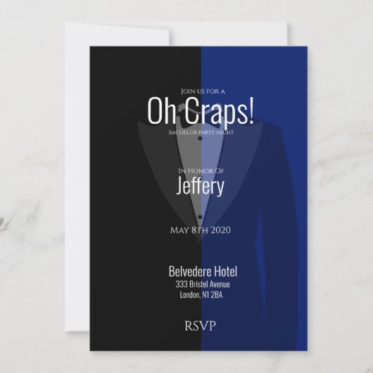 Blauwe zwarte tuxedo bachelor party, sla de datum  save the date (Voorkant)