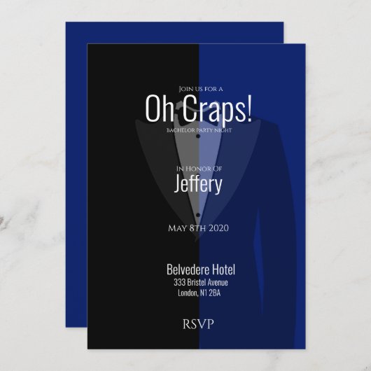 Blauwe zwarte tuxedo bachelor party, sla de datum  save the date (Voorkant / Achterkant)