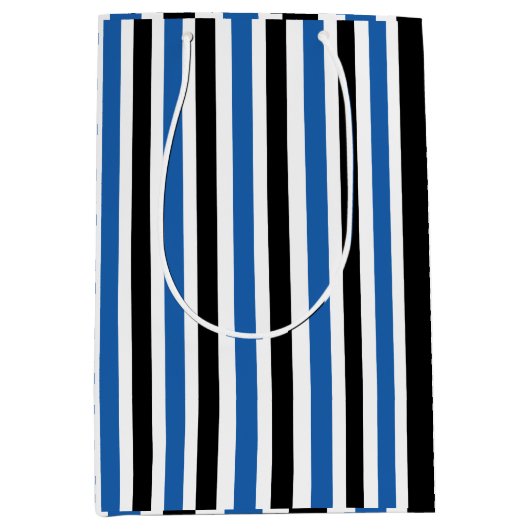 Blauwe zwarte verticale strepen medium cadeauzakje (Voorkant)
