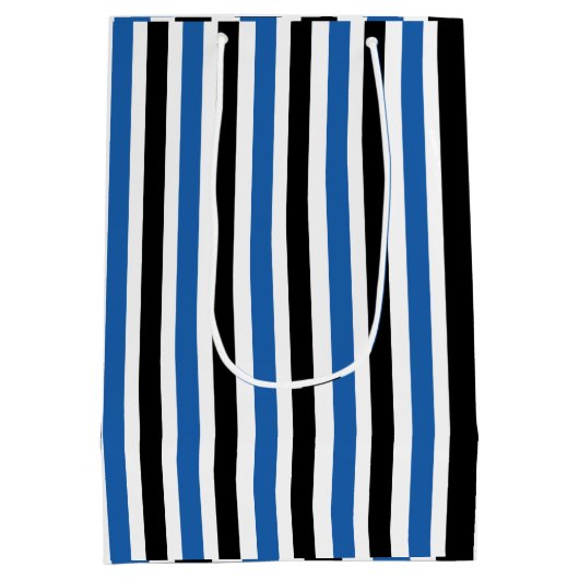 Blauwe zwarte verticale strepen medium cadeauzakje (Achterkant)