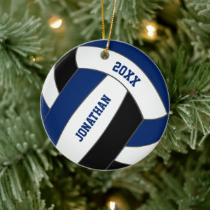 blauwe zwarte volleybalteamkleuren gepersonaliseer keramisch ornament