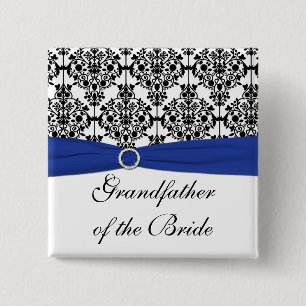 Blauwe Zwarte Witte Damask Grootvader van de Bride Vierkante Button 5,1 Cm