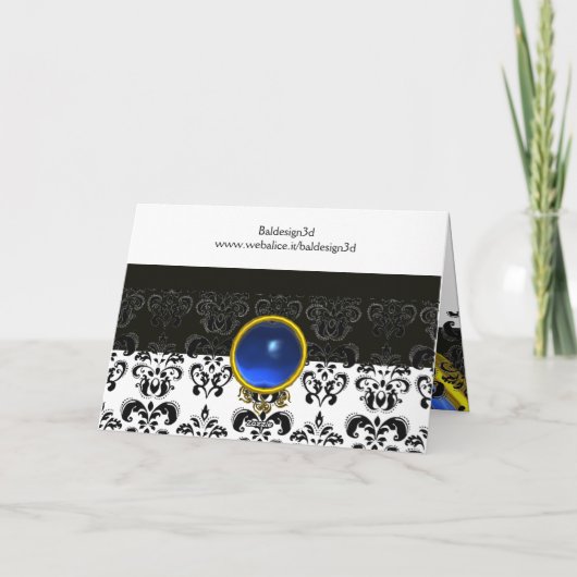 BLAUWE ZWARTE WITTE DAMASKSAPPHIRE-TABEL FEESTDAGEN KAART (Achterkant)