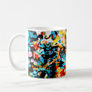 Blauwe, zwarte, witte, oranje kleur. Helder naadlo Koffiemok