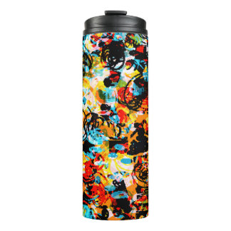 Blauwe, zwarte, witte, oranje kleur. Helder naadlo Thermosbeker