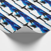 Blauwe zwarte witte palmboom Silhouette Cadeaupapier (Hoek)