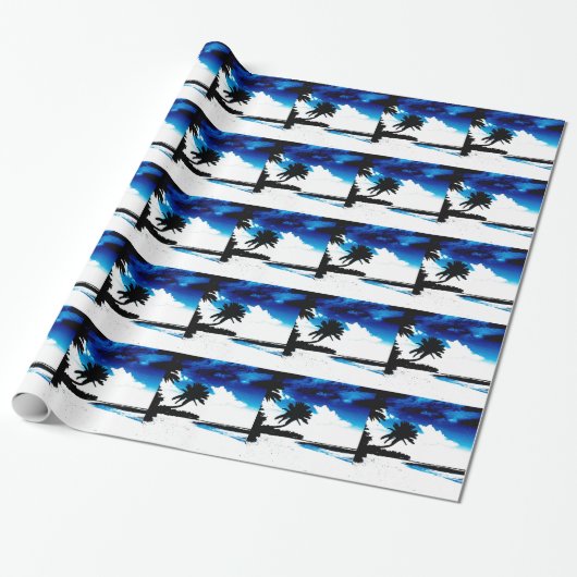 Blauwe zwarte witte palmboom Silhouette Cadeaupapier (Uitgerold)