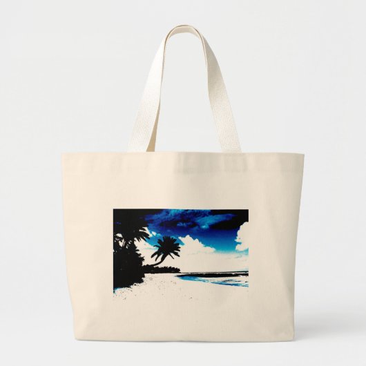 Blauwe zwarte witte palmboom Silhouette Grote Tote Bag (Voorkant)