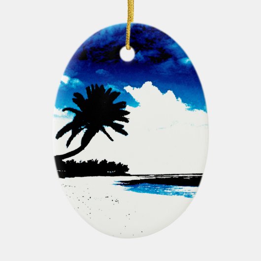 Blauwe zwarte witte palmboom Silhouette Keramisch Ornament (Voorkant)