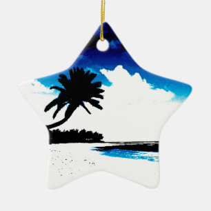 Blauwe zwarte witte palmboom Silhouette Keramisch Ornament