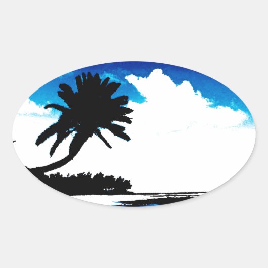 Blauwe zwarte witte palmboom Silhouette Ovale Sticker (Voorkant)