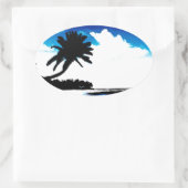 Blauwe zwarte witte palmboom Silhouette Ovale Sticker (Tas)