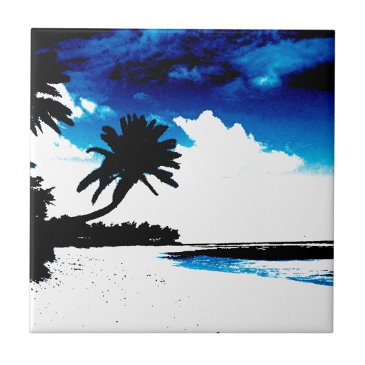 Blauwe zwarte witte palmboom Silhouette Tegeltje (Voorkant)