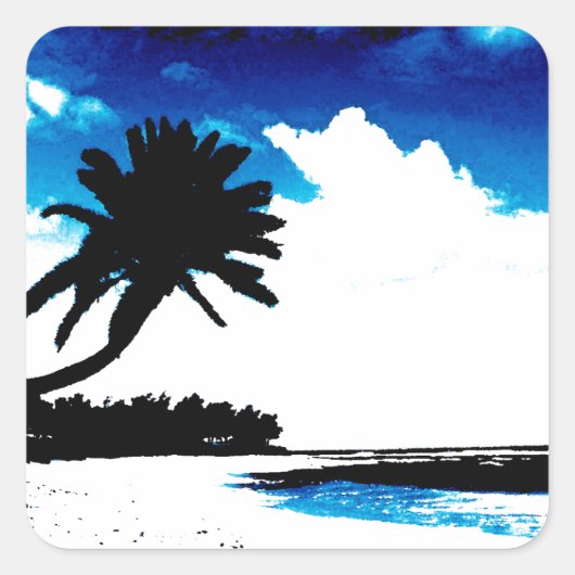 Blauwe zwarte witte palmboom Silhouette Vierkante Sticker (Voorkant)