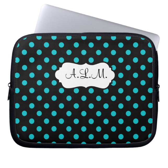 Blauwe, zwarte, witte pooldots laptophoes laptop sleeve (Voorkant)
