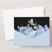 Blauwe zwarte zilverglazen vlinder roos florale ka all in one uitnodiging (Achterkant)