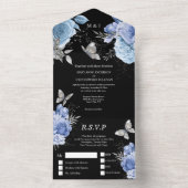 Blauwe zwarte zilverglazen vlinder roos florale ka all in one uitnodiging (Binnen)