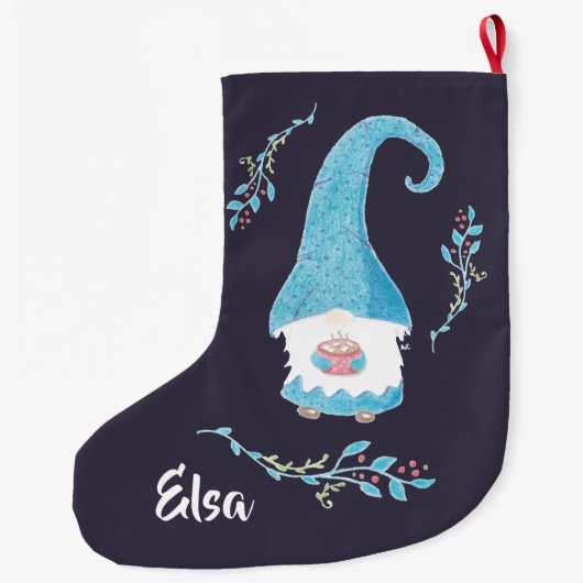 Blauwe Zweedse gnoom met hete cacao kous Grote Kerstsok (Achterkant)