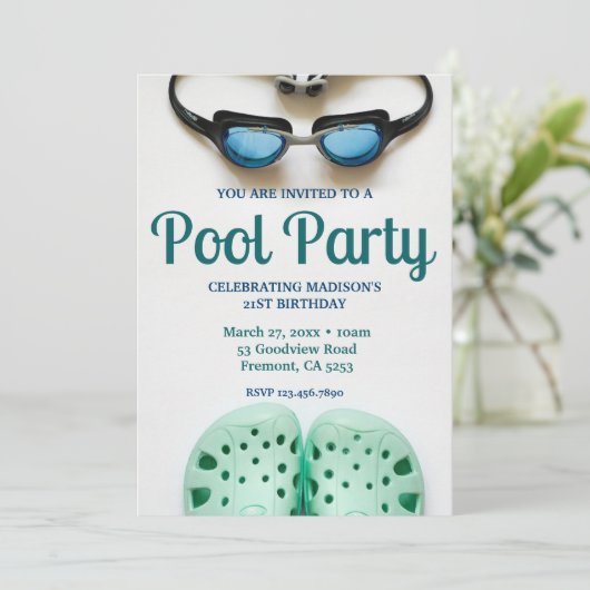 Blauwe Zwembad Goggles Verjaardag Pool Party Kaart (Staand voorkant)