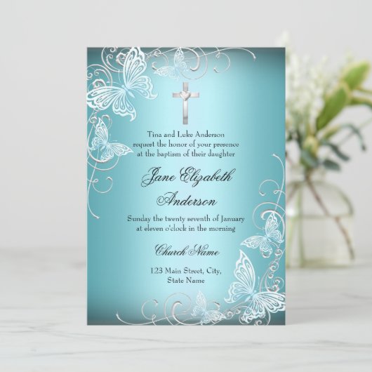 blauwe zwevende vlinder & cross-baptisme Invite Kaart (Staand voorkant)