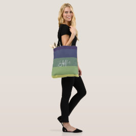 Blauwen + Groene kleurblok Stripe monogram naam Tote Bag