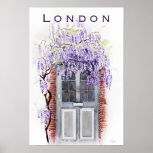 Blauweregenseizoen in Londen grijze deur aquarel Poster