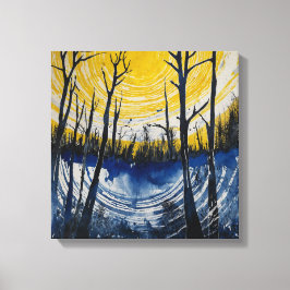 Blauwgeel Sunset Forest Waterverf kunst Canvas Afdruk
