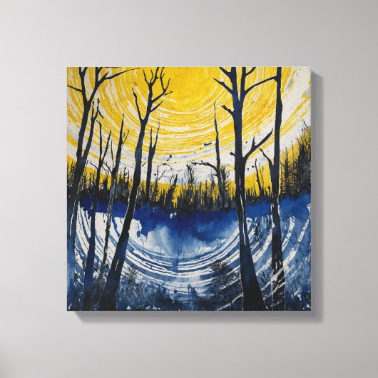 Blauwgeel Sunset Forest Waterverf kunst Canvas Afdruk (Voorkant)