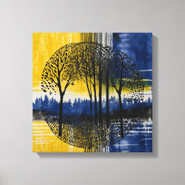 Blauwgeel Sunset Forest Waterverf kunst Canvas Afdruk