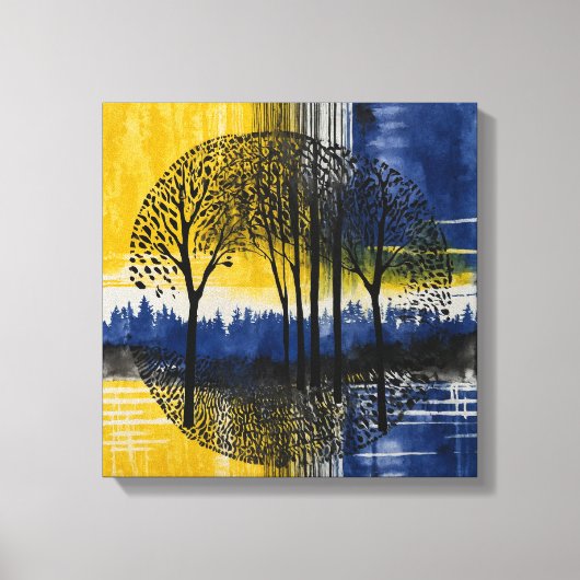Blauwgeel Sunset Forest Waterverf kunst Canvas Afdruk (Voorkant)