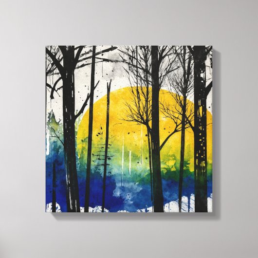 Blauwgeel Sunset Forest Waterverf kunst Canvas Afdruk (Voorkant)