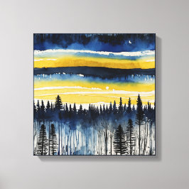 Blauwgeel Sunset Forest Waterverf kunst Canvas Afdruk