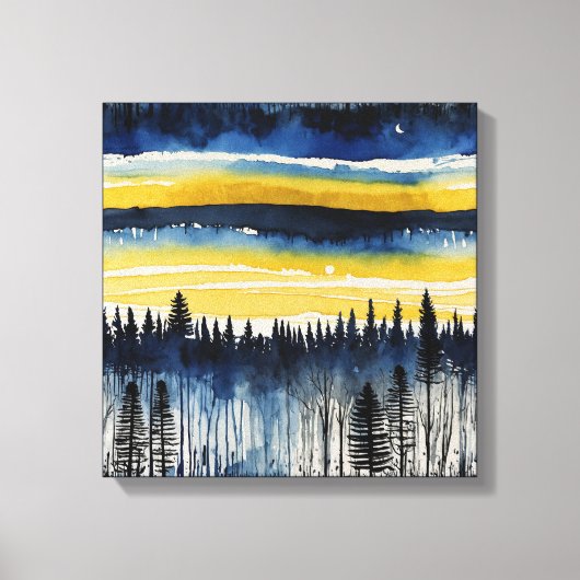 Blauwgeel Sunset Forest Waterverf kunst Canvas Afdruk (Voorkant)