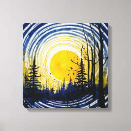 Blauwgeel Sunset Forest Waterverf kunst Canvas Afdruk