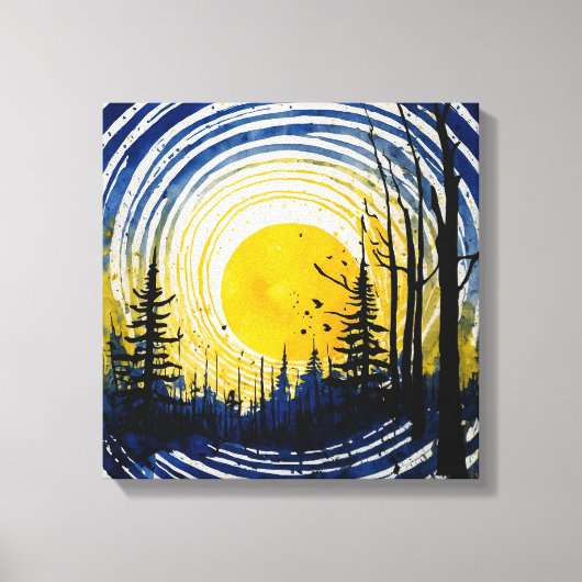 Blauwgeel Sunset Forest Waterverf kunst Canvas Afdruk (Voorkant)
