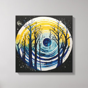 Blauwgeel Sunset Forest Waterverf kunst Canvas Afdruk