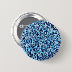 Blauwgekleurde met de hand getekende mandala-ontwe ronde button 5,7 cm