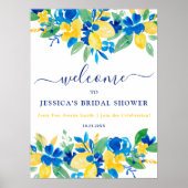 Blauwgele citroenen bloemenwelkom vrijgezellenfees poster (Voorkant)