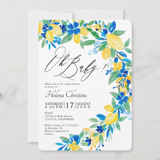 Blauwgele citroenen waterverf baby shower kaart (Voorkant)